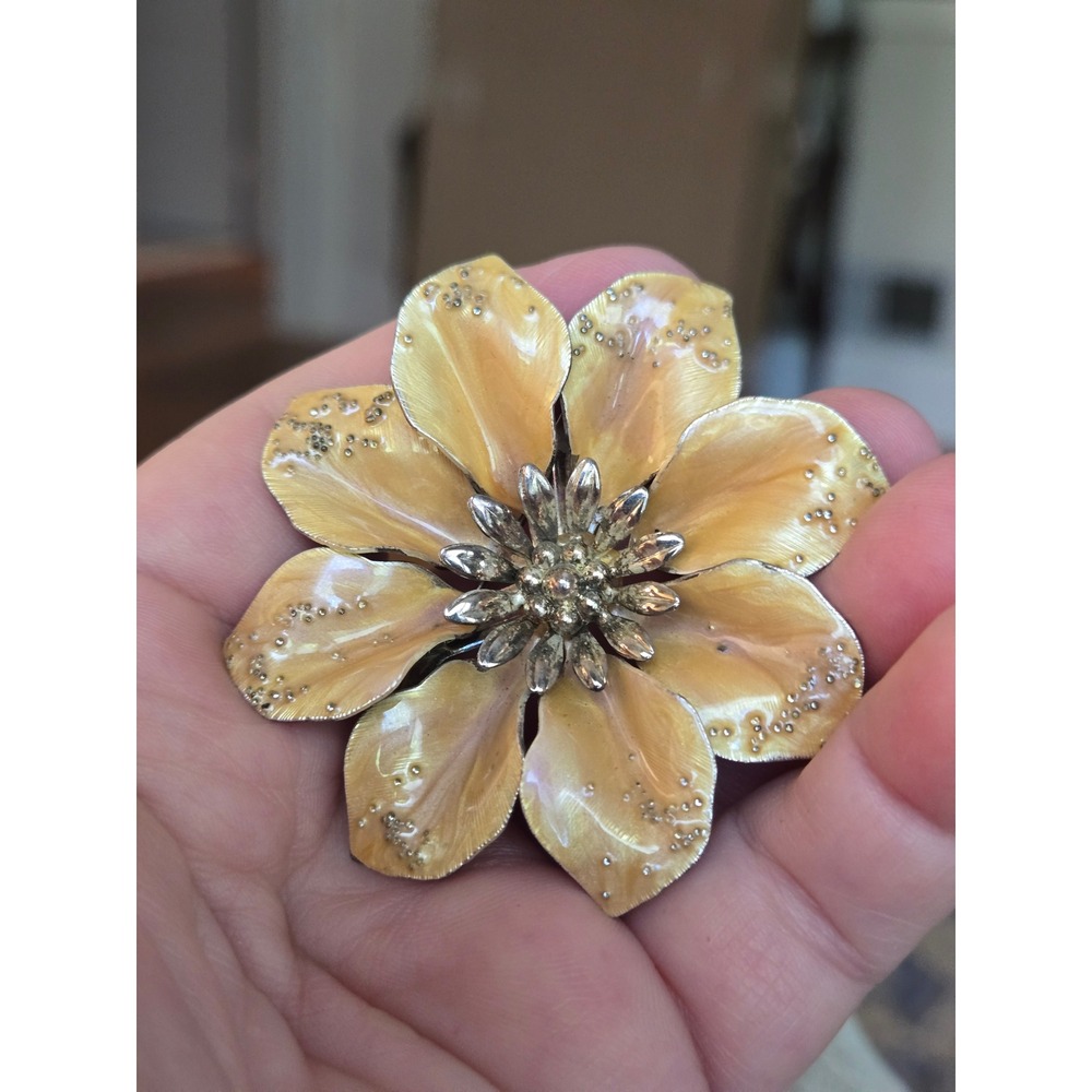 Enamel Flower Brooch Light Gold Vintage Silver Accents